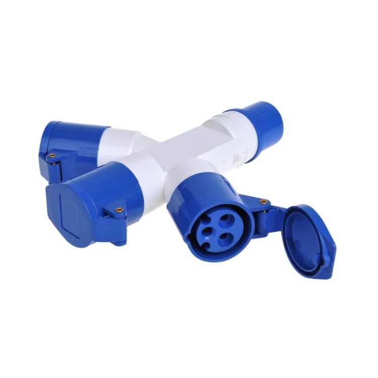 1 - Adaptador de soquete triplo azul industrial para campistas, caravanas, vans, camping